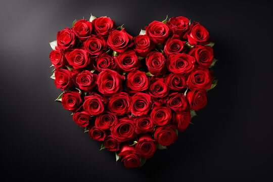 Red heart made from red roses Isolated black background