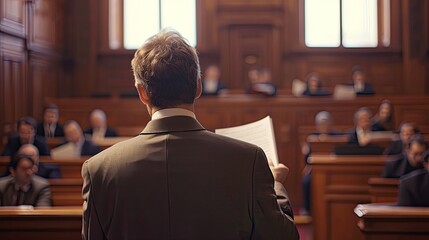 Rear view of a lawyer in a courtroom, confidently holding legal documents, addressing an attentive jury, embodying legal professionalism. Created Using: candid courtroom photography, lawyer in action,