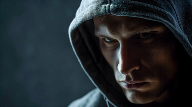 Bold and Determined A Portrait of a Hooded Man in a Studio, Illuminated by Soft Gray Wall Lights, Capturing the Essence of a Boxer's Grit