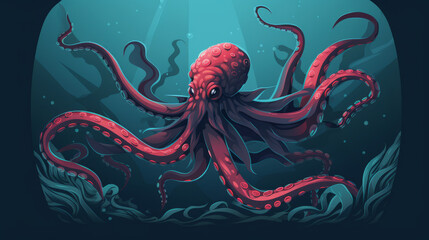 Realistic flat art of Kraken sea beast monster - obrazy, fototapety, plakaty