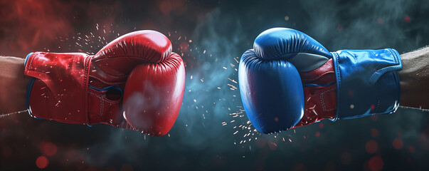 Red and blue gloves in boxing arena - obrazy, fototapety, plakaty