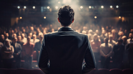 Rear view of motivational speaker standing in front of bunch of people