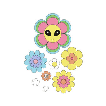 Groovy hippie cartoon character flower with alien eyes vector illustration set isolated on white. Retro 60s 70s 80s space galaxy universe flower power print collection.