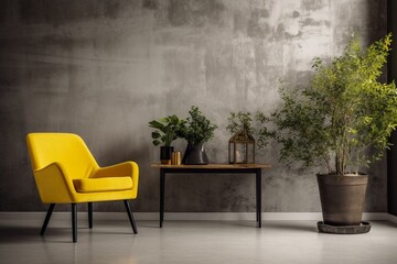 A room with a yellow armchair, wooden table, plant, and bare concrete wall. Generative AI