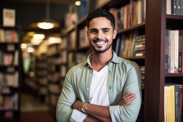 a handsome young man standing in his bookstore and smiling - obrazy, fototapety, plakaty