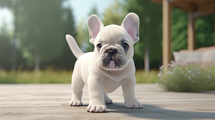 3d cartoon  french bulldog puppy on garden background
