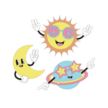 Groovy cartoon character cute half moon hippie sun disco planet in retro sunglasses vector illustration set isolated on white. Retro 60s 70s 80s space galaxy universe celestial print collection.