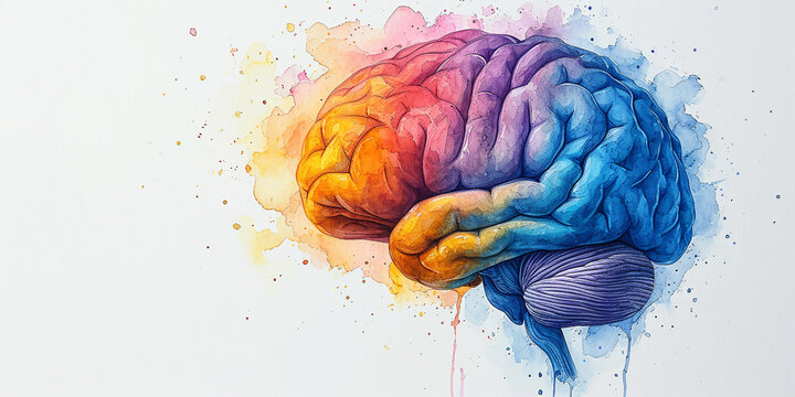multi-colored brain, paint drawing, light background
