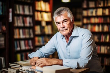 attractive mature man working in a bookstore