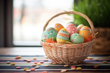 Fototapeta na wymiar hand weaving basket filled with speckled easter eggs