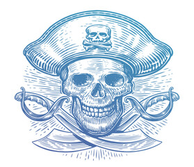 Skull over crossed sabers. Jolly Roger, pirate symbol. Corsair vector illustration