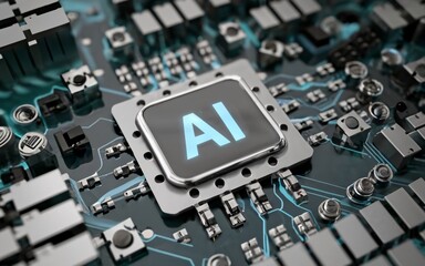 Artificial intelligence micro chip with text "AI" on chip.