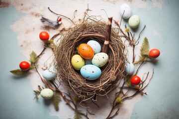 easter eggs nestled in a nest made of twigs