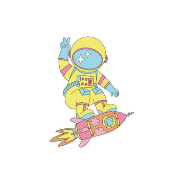 Groovy hippie astronaut in spacesuit on the rocket spaceship vector illustration set isolated on white. Retro 60s 70s 80s space galaxy universe cosmonautics print poster postcard.