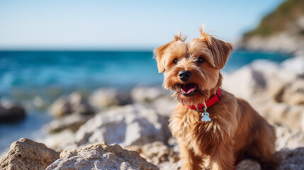 Small purebred dog is on the seashore