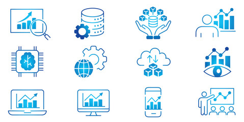 Data analysis, Analytics, Statistics, Big data, Database editable stroke line icons set collection illustration vector