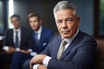 portrait of a mature businessman sitting in an office with his colleagues working in the background