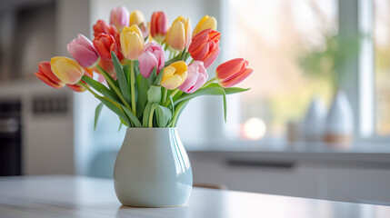 Flower arrangement in vase of pastel coloured tulips in modern Kitchen