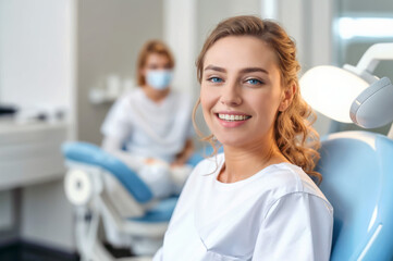 Fototapeta premium A woman with blue eyes and blonde hair is smiling in a dental chair.