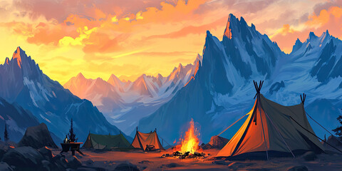  Tent, tenting outdoors living in wilderness exploring adventuring, camp set up, camping illustration background, generated ai

