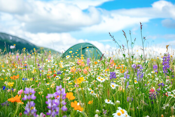  Tent, tenting outdoors living in wilderness exploring adventuring, camp set up, camping illustration background, generated ai

