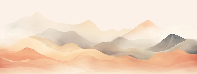 Abwaschbare Fototapete Soft pastel color watercolor abstract brush painting art of beautiful mountains, mountain peak minimalism landscape with peach fuzz lines, panorama banner illustration, white background © Corri Seizinger