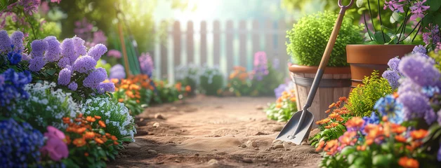 Fototapeten Gardening background with flowerpots in sunny spring or summer garden © uv_group