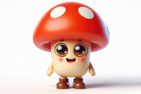 little cute happy mushroom 3d character with bulging eyes on solid a white background. ai generative