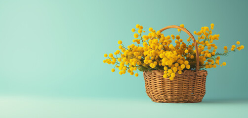 Basket of yellow mimosa flowers snowdrops on a blue spring background