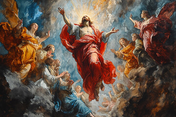 the ascension of jesus christ, watercolor painting,