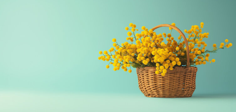 Basket of yellow mimosa flowers snowdrops on a blue spring background