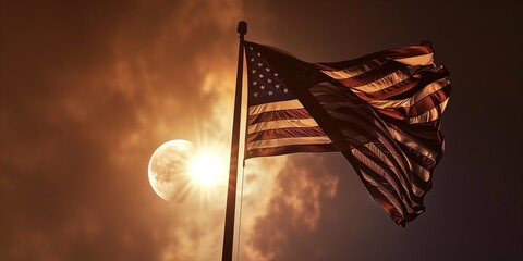 American Flag on the Flagpole and total solar eclipse - obrazy, fototapety, plakaty