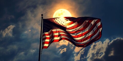 American Flag on the Flagpole and total solar eclipse