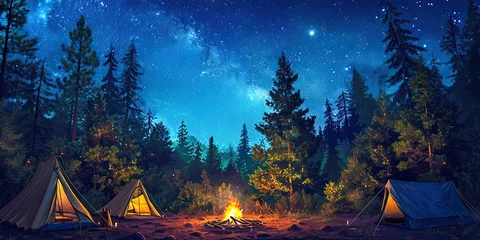 Schilderijen op glas Tent, tenting outdoors living in wilderness exploring adventuring, camp set up, camping illustration background, generated ai  © dan