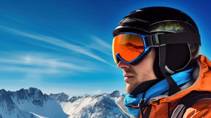 Fototapeta na wymiar Side profile, Portrait of female, Skier wearing fashionable, goggles and helmet with blue sky and snowy peaks in the background