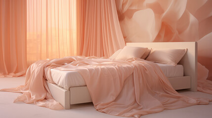 Fototapeta na wymiar Peach coloured themed bedroom with silky satin curtains and sheets