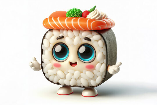 little cute happy sushi 3d character with bulging eyes on solid a white background. ai generative