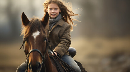 Obraz premium Little girl is riding a horse. Against sky with clouds
