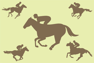 Horse Racing Competition icons. Jockeys on horses galloping on the racetrack. Silhouettes of riders. Horse race competition, video game and tournament poster or banner idea. Editable vector, eps 10.