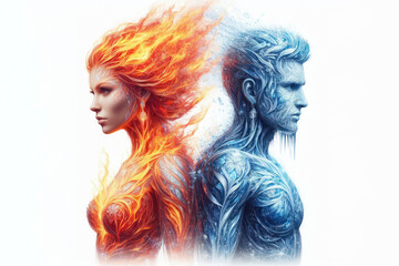 Man and woman made of fire and ice isolated on a white background. ai generative