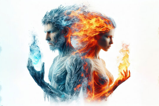 Man and woman made of fire and ice isolated on a white background. ai generative