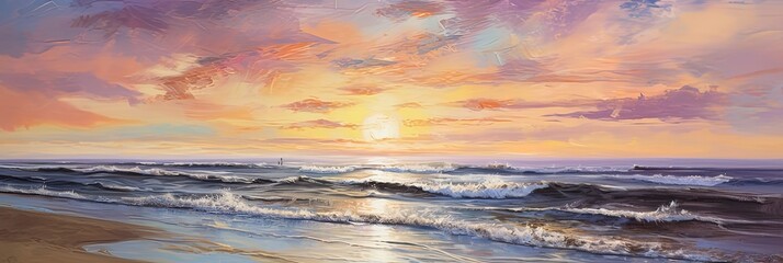 painting of a beautiful beach at sunset , generated by AI - obrazy, fototapety, plakaty
