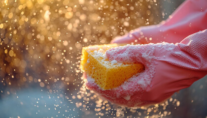Close-up of hands in pink gloves holding a sponge with soap foam, background with bokeh. Spring cleaning. Housekeeping concept. It's perfect for advertising cleaning products, promoting domestic servi