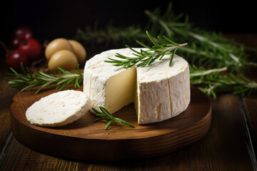 Goat cheese with rosemary on a rustic wooden board