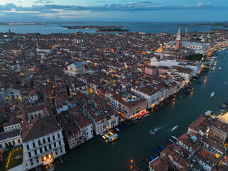 Obraz premium Venice panoramic cityscape landmark at sunset or night, aerial view of Piazza San Marco