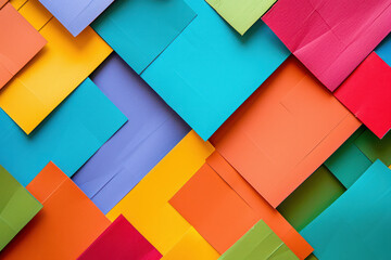 Textured pattern of vibrant coloured paper of vary sizes to form graphic background