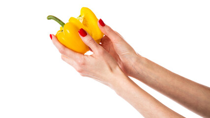 Yellow sweet bell pepper in hand isolated on a white background. Woman holding bulgarian pepper.Chopped pepper. Half of pepper.