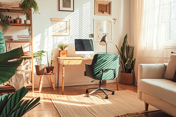 Design a minimal sparse cozy and stylish home office setting with warm lighting, comfortable furniture, and plants --ar 3:2 --v 6 Job ID: 3a8e24b8-b51d-4ca6-97ec-494e970a16b6