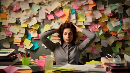Stressed University student, hands on head in front of wall of revision notes
