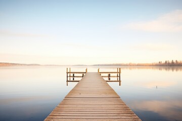 Fototapeta na wymiar wood plank pier extending out over calm lake waters